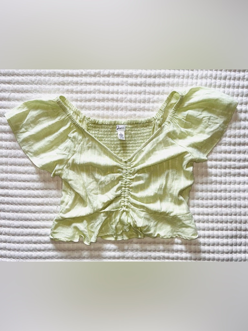 Japna Lime Green Ruched Peplum Top Flutter Sleeve Smocked Back Blouse